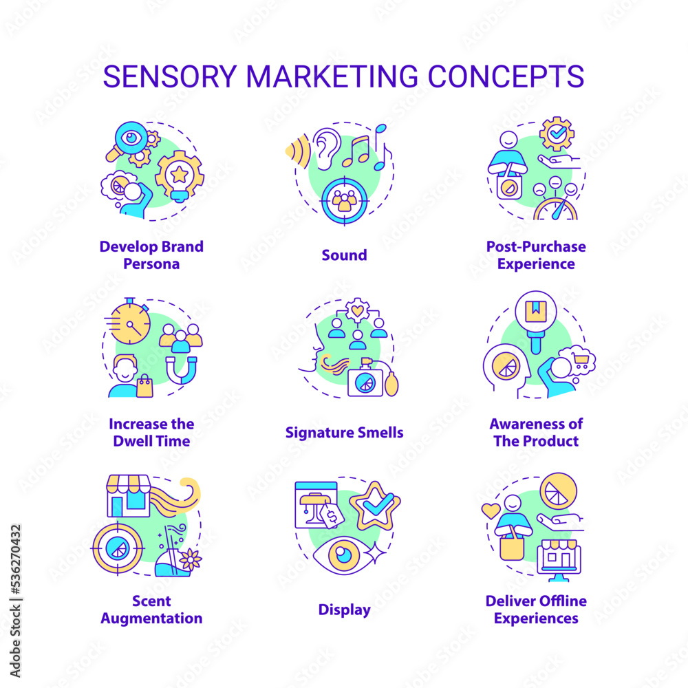 Sensory marketing concept icons set. Appealing to customer senses idea thin line color illustrations. Brand development. Isolated symbols. Editable stroke. Roboto-Medium, Myriad Pro-Bold fonts used Sensory marketing concept icons set. Appealing to customer senses idea thin line color illustrations. Brand development. Isolated symbols. Editable stroke. Roboto-Medium, Myriad Pro-Bold fonts used