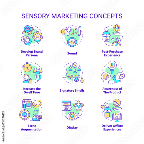 Sensory marketing concept icons set. Appealing to customer senses idea thin line color illustrations. Brand development. Isolated symbols. Editable stroke. Roboto-Medium, Myriad Pro-Bold fonts used
