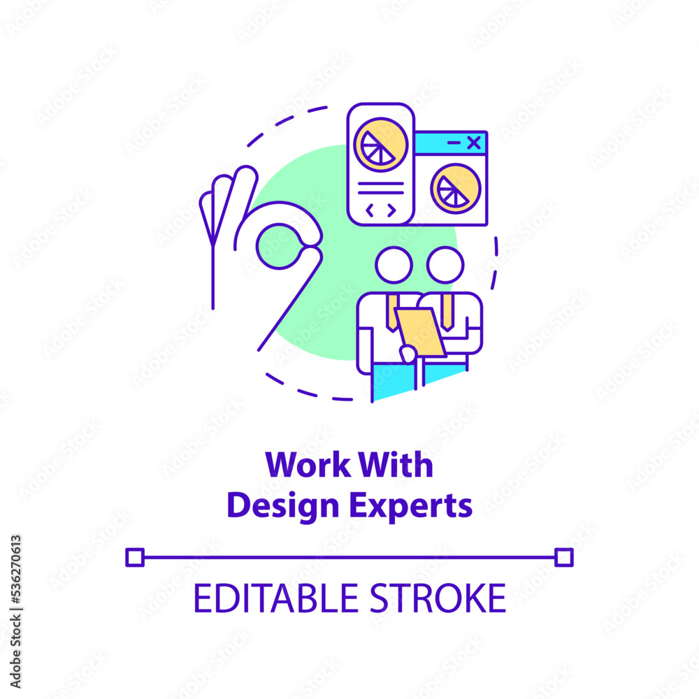 Work with design experts concept icon. Sensory branding strategy abstract idea thin line illustration. Consultation. Isolated outline drawing. Editable stroke. Arial, Myriad Pro-Bold fonts used