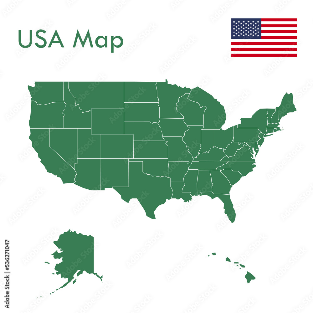 Obraz premium Map - A green US map with separate cities and territories.