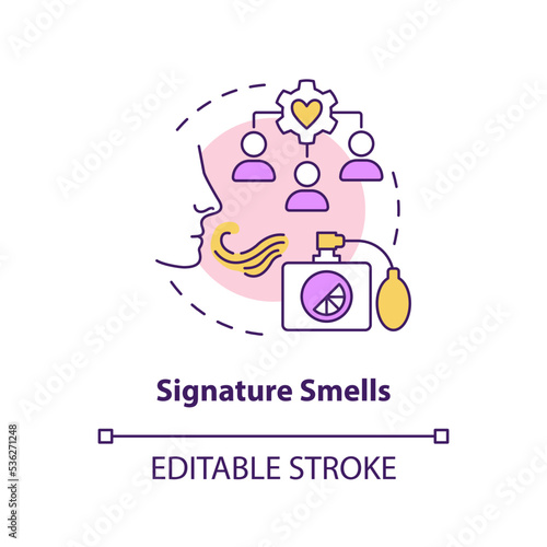 Signature smells concept icon. Ambient scent marketing type abstract idea thin line illustration. Easy recognizable aroma. Isolated outline drawing. Editable stroke. Arial, Myriad Pro-Bold fonts used
