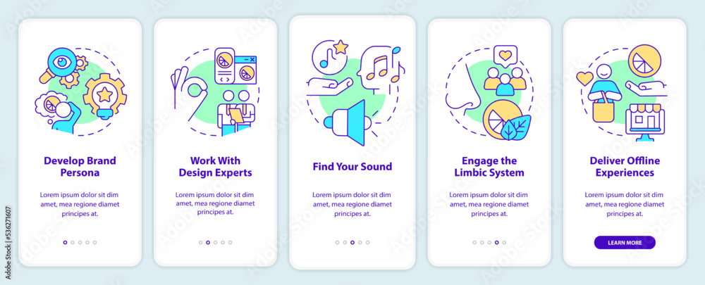 Sensory marketing strategies onboarding mobile app screen. Branding walkthrough 5 steps editable graphic instructions with linear concepts. UI, UX, GUI template. Myriad Pro-Bold, Regular fonts used