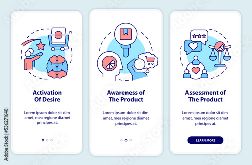 Sensory system in consumer behavior onboarding mobile app screen. Walkthrough 3 steps editable graphic instructions with linear concepts. UI, UX, GUI template. Myriad Pro-Bold, Regular fonts used
