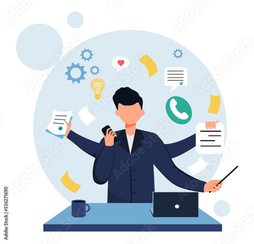 A man does a lot of things at the same time. Multihat. Vector stock illustration. White background. Style without a face. The character performs business processes. Office