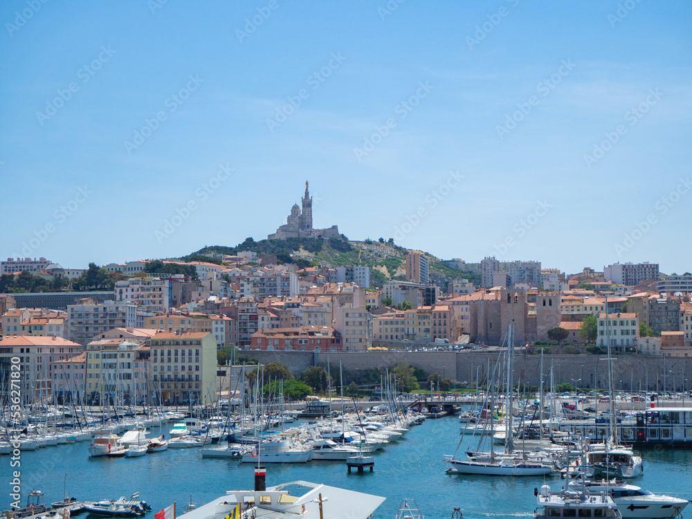 Marseille, France - May 15th 2022: View over the historic harbour towards the old town