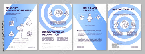 Sensory marketing advantages blue gradient brochure template. Increase sales. Leaflet design with linear icons. 4 vector layouts for presentation, annual reports. Arial, Myriad Pro-Regular fonts used