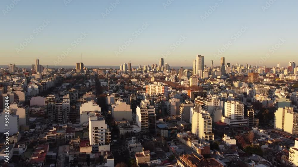 Cinematic drone shot showing Beautiful city of Buenos Aires at golden sunset Cinematic drone shot showing Beautiful city of Buenos Aires at golden sunset