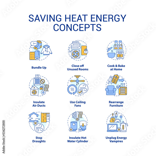 Saving heat energy concept icons set. Warming freezing house at fall weather idea thin line color illustrations. Isolated symbols. Editable stroke. Roboto-Medium, Myriad Pro-Bold fonts used