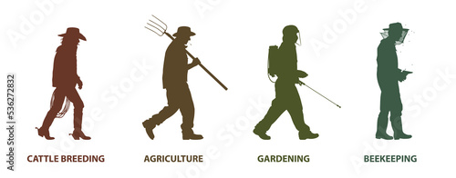Set of silhouette. Different types of farming. Profile walking farmers. Vector illustration