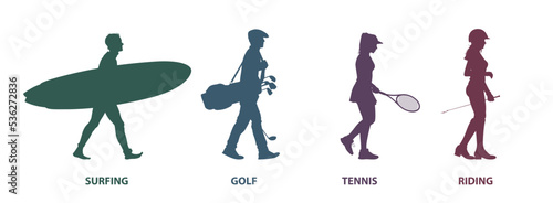 Set of silhouette. Sports for rich people. Profile walking sport players. Vector illustration