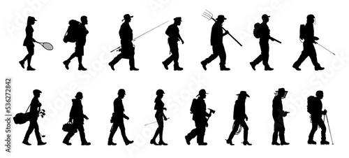 Set of silhouette. Black people on white background. Profile walking men and women. Vector illustration