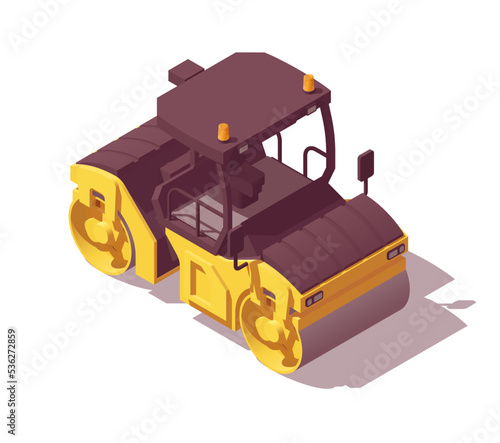 Isometric low poly yellow tandem vibratory roller. Vector illustrator	