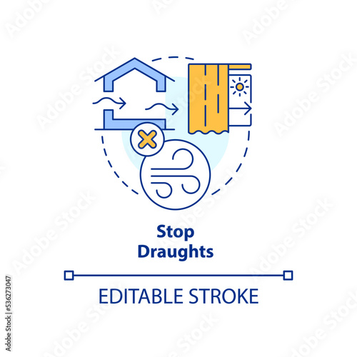 Stop draughts concept icon. Improve house insulation. Keeping heat in home tip abstract idea thin line illustration. Isolated outline drawing. Editable stroke. Arial, Myriad Pro-Bold fonts used
