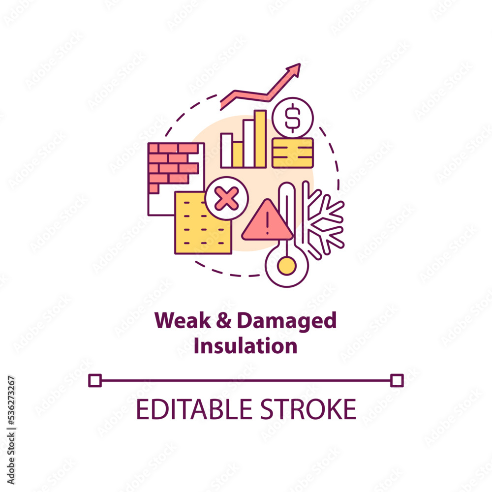 Weak and damaged insulation concept icon. Keep house warm. High heating bill reason abstract idea thin line illustration. Isolated outline drawing. Editable stroke. Arial, Myriad Pro-Bold fonts used