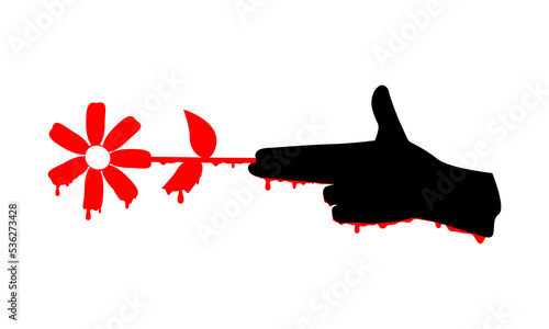 Red flower with black hand gun and blood stains dripping concept peace no war violence on white background icon vector design.
