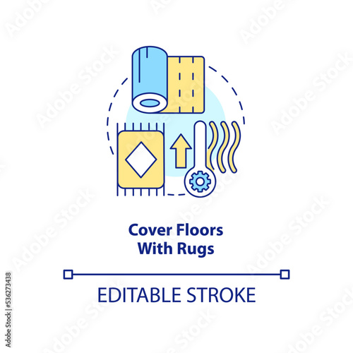 Cover floors with rugs concept icon. Warming cold house in winter. Saving heat abstract idea thin line illustration. Isolated outline drawing. Editable stroke. Arial, Myriad Pro-Bold fonts used