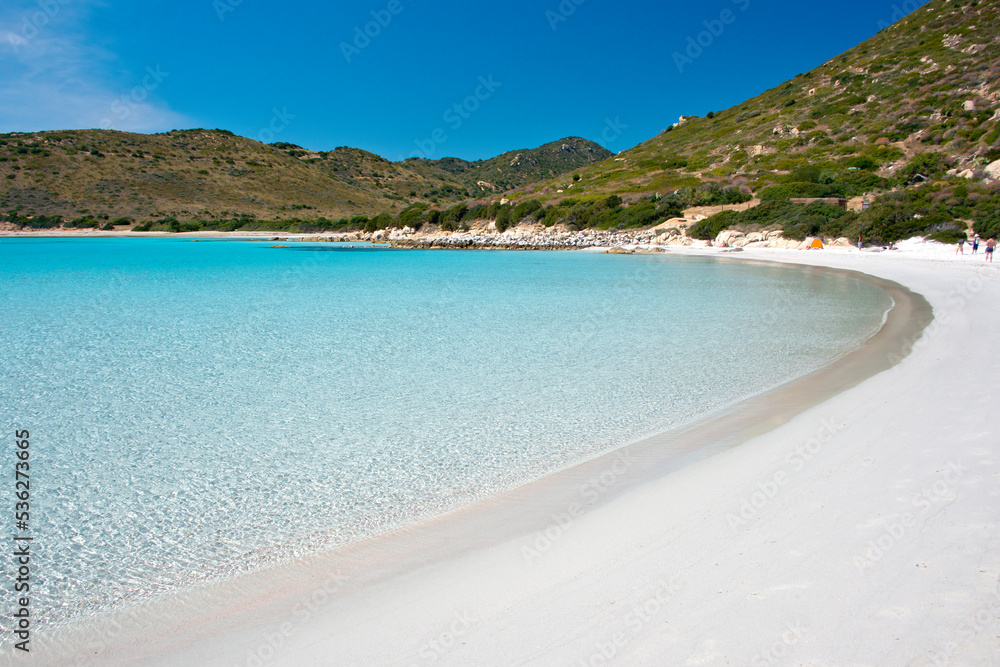 crystal clear water and white sand at Punta Molentis beach, Villasimius, Sardinia