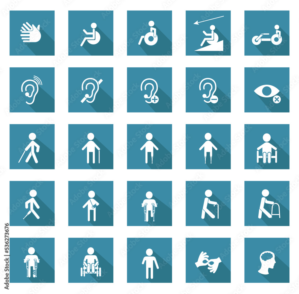 Set of disabled icons with Concept of mass therapy and acupuncture, sports, rehabilitation. Flat cartoon vector illustration and blue background. Set of disabled icons with Concept of mass therapy and acupuncture, sports, rehabilitation. Flat cartoon vector illustration and blue background.