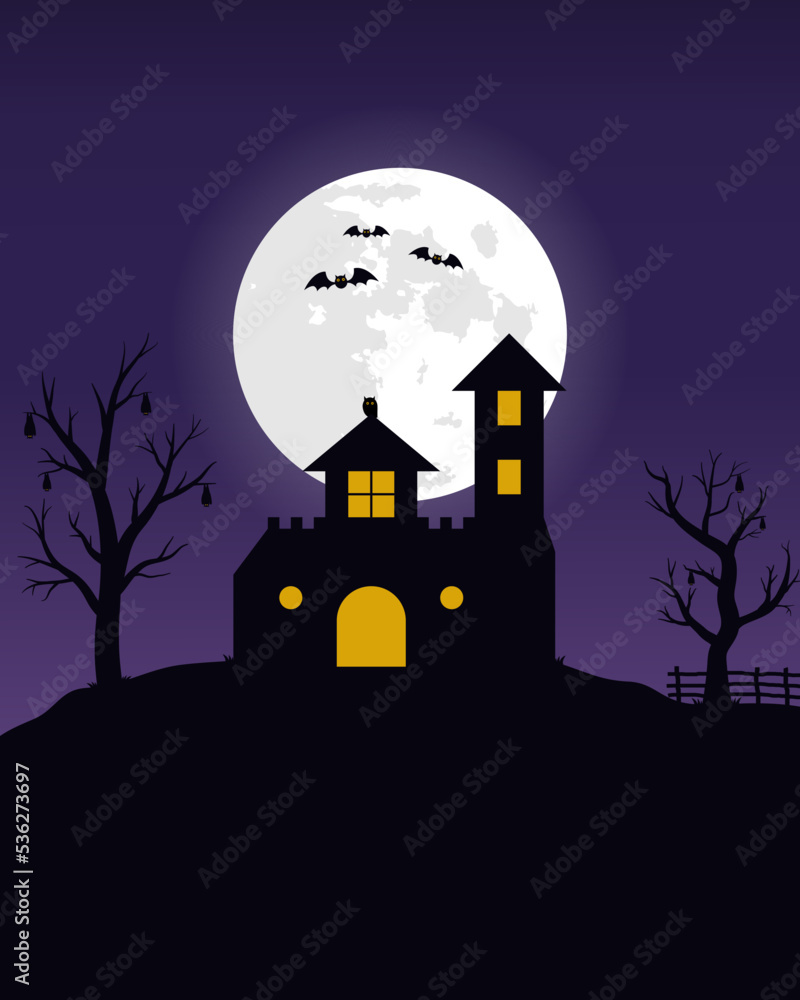 Halloween night background with haunted house and full moon. template for Halloween party. Vector illustration.