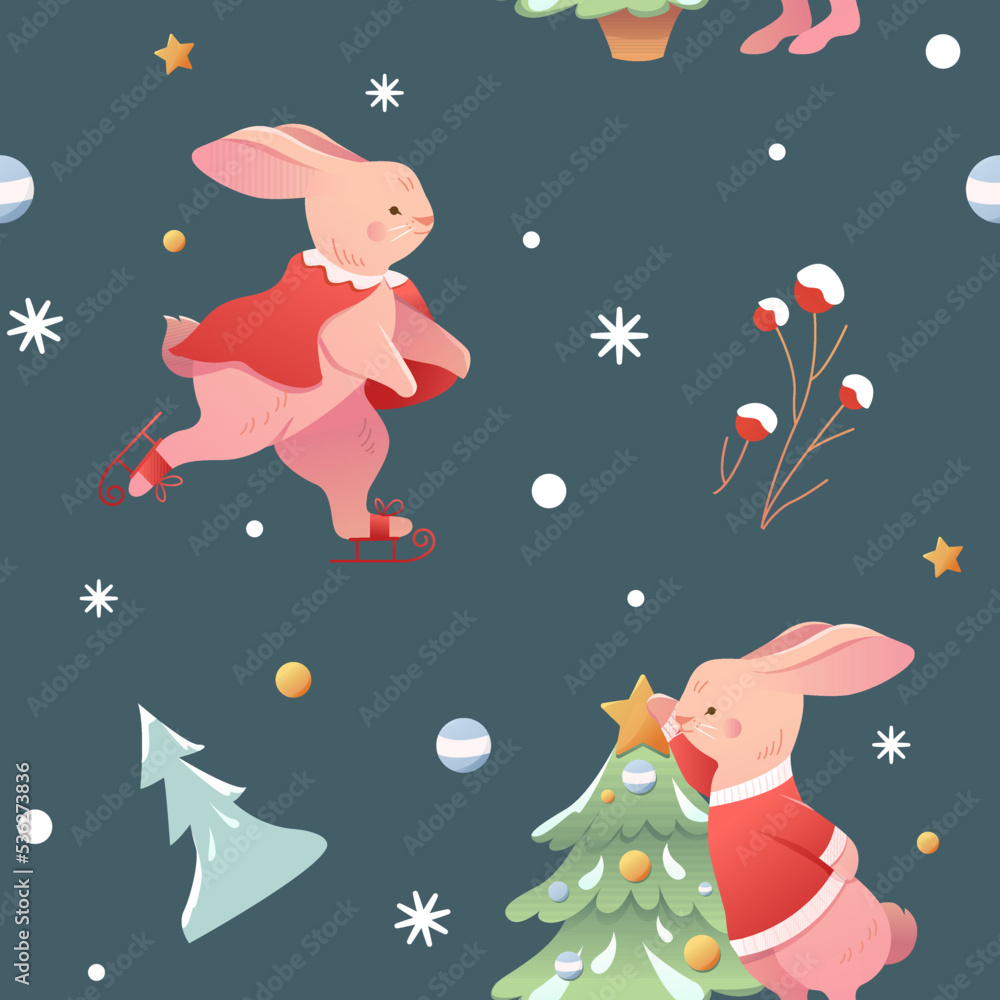 Winter holiday pattern with rabbits on a dark blue. Bunny decorating christmas tree. Children background. Merry Christmas and Happy New Year. Rabbit skates on the ice. Winter holiday pattern with rabbits on a dark blue. Bunny decorating christmas tree. Children background. Merry Christmas and Happy New Year. Rabbit skates on the ice.
