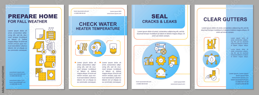 Prepare home for heating season blue brochure template. Warm house. Leaflet design with linear icons. Editable 4 vector layouts for presentation, annual reports. Arial, Myriad Pro-Regular fonts used