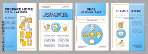 Prepare home for heating season blue brochure template. Warm house. Leaflet design with linear icons. Editable 4 vector layouts for presentation, annual reports. Arial, Myriad Pro-Regular fonts used © bsd studio