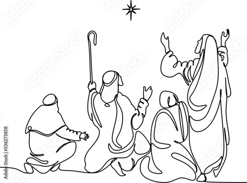 Merry Christmas shepherd and sheeps. Continuous one line drawing. Vector illustration