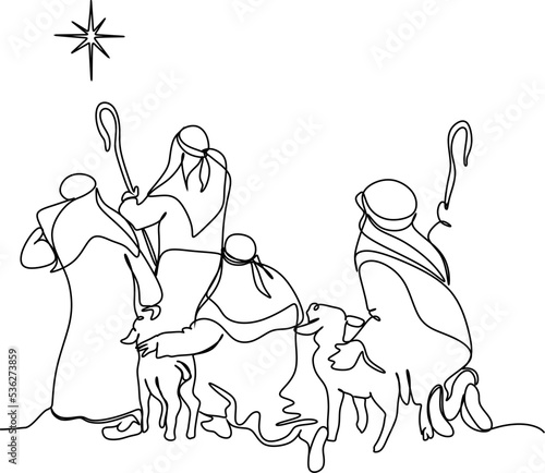 Merry Christmas shepherd and sheeps. Continuous one line drawing. Vector illustration