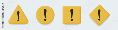 Warning message concept represented by 3d exclamation mark icon. Exclamation symbol in different shape.