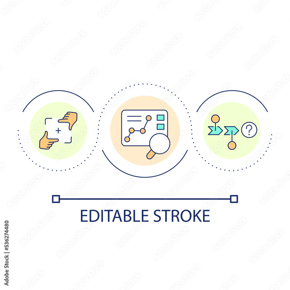 Identify research object loop concept icon. Define what to measure. Solving problem. Find mistakes abstract idea thin line illustration. Isolated outline drawing. Editable stroke. Arial font used