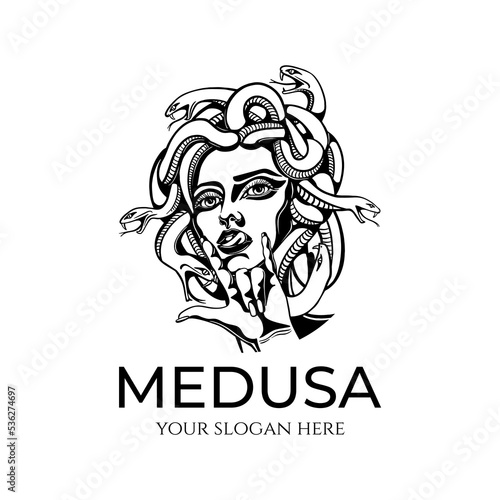 Medusa gorgon logo. Head of a woman with snakes. Protective amulet. Logo for different directions. Vector image.