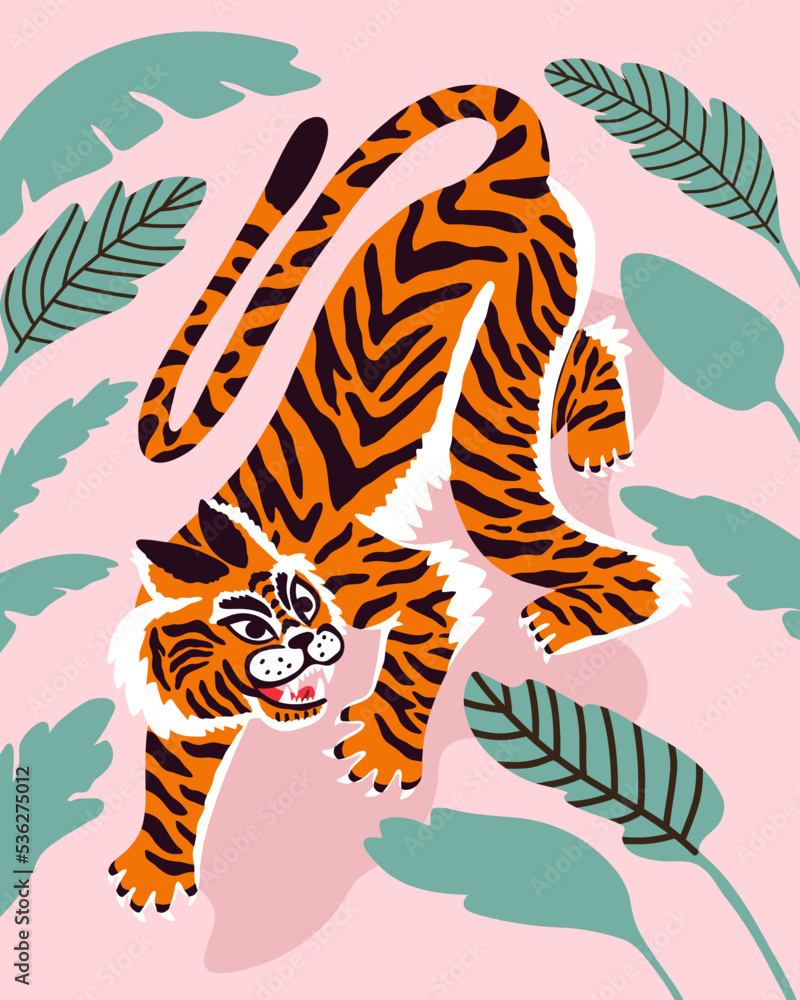 Vector background with abstract tiger in jungle. Indian oriental style. Flat hand drawn for t shirt print, logo, poster template, tattoo idea. Endangered animal. - obrazy, fototapety, plakaty 