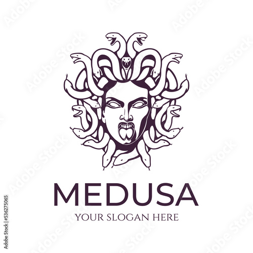 Medusa gorgon logo. Head of a woman with snakes. Protective amulet. Logo for different directions. Vector image.