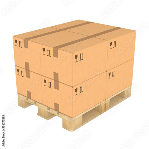 Foto Stack of brown cardboard boxes on a wooden pallet on transparent background