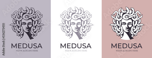 Medusa gorgon logo. Head of a woman with snakes. Protective amulet. Logo for different directions. Vector image.