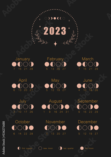 Moon calendar 2023 year. Lunar phases shedule template. Boho astrological poster. Vintage vector illustration.