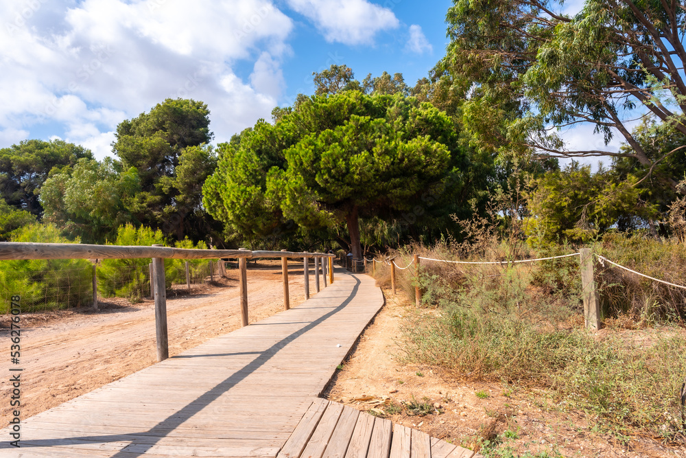 Beautiful wooden path in the Lagunas de la Mata Natural Park in Torrevieja, Alicante