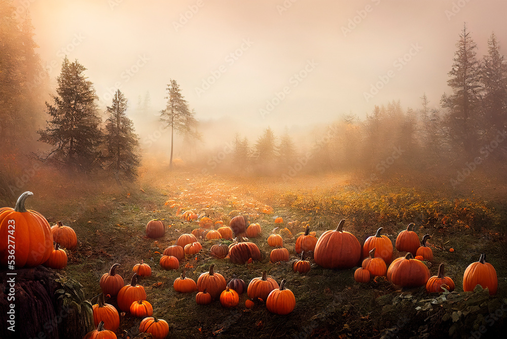 Thanksgiving and halloween pumpkins in autumn forest. Fall season landscape with pumpkin field. Festive holiday greeting card wallpaper. Dark magic wood november scene. - obrazy, fototapety, plakaty 