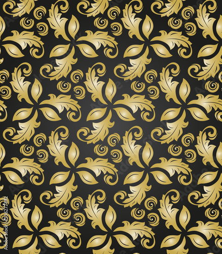 Golden ornament. Seamless abstract classic background with golden lives. Pattern with repeating floral elements. Ornament for fabric, wallpaper and packaging