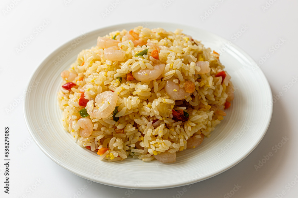 Shrimp fried rice on white background Shrimp fried rice on white background