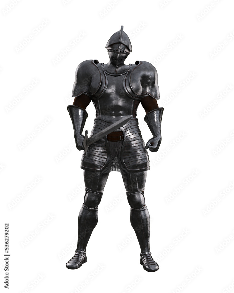 Medieval knight in full metal armour with a sword. 3D illustration isolated. Medieval knight in full metal armour with a sword. 3D illustration isolated.
