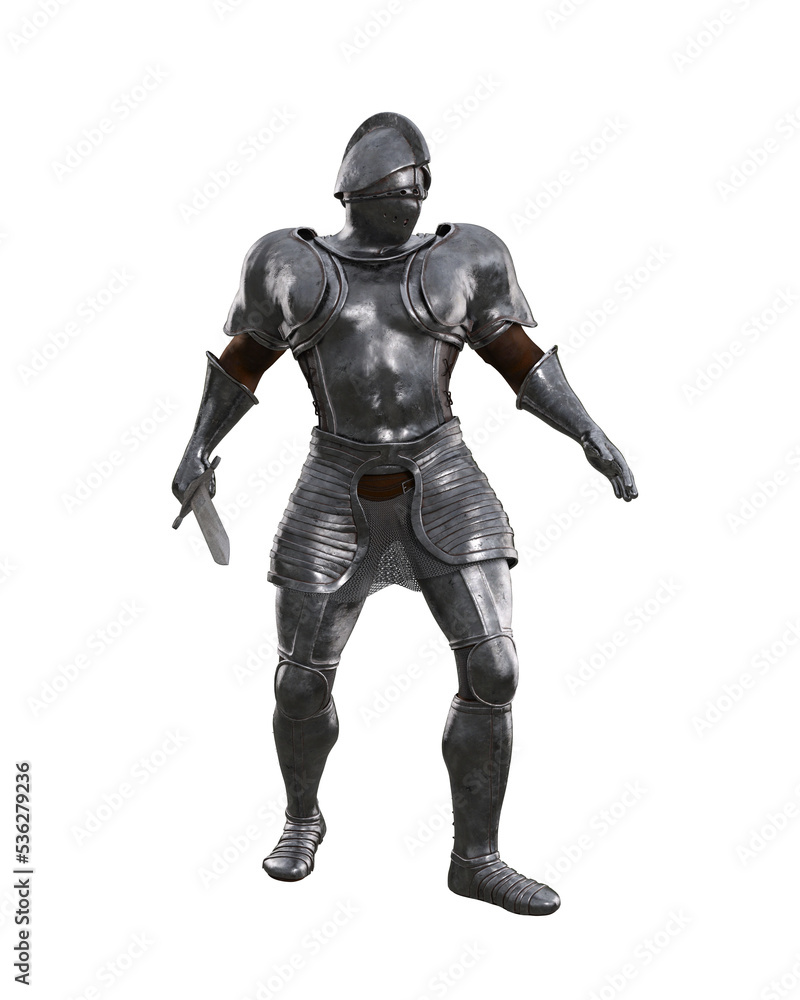 Medieval knight in full body armour walking with sword ready for battle. 3D rendering isolated.