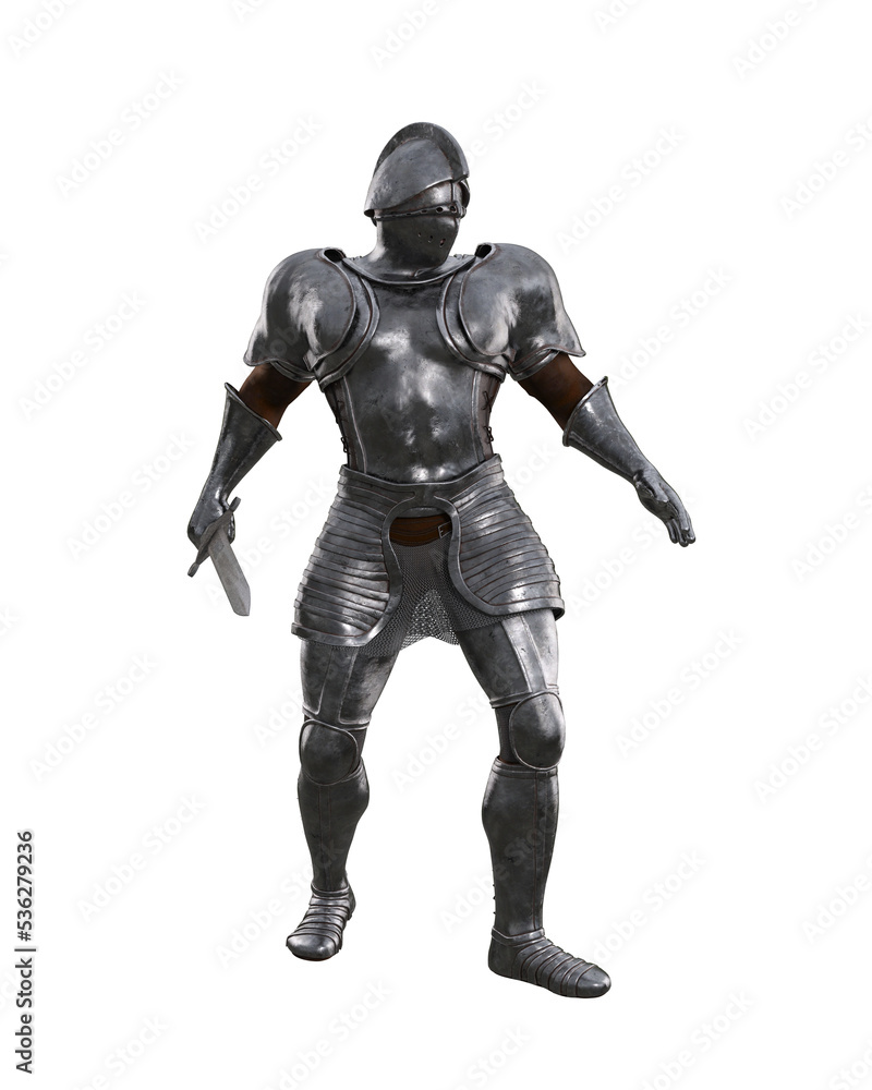 Medieval knight in full body armour walking with sword ready for battle. 3D rendering isolated. Medieval knight in full body armour walking with sword ready for battle. 3D rendering isolated.