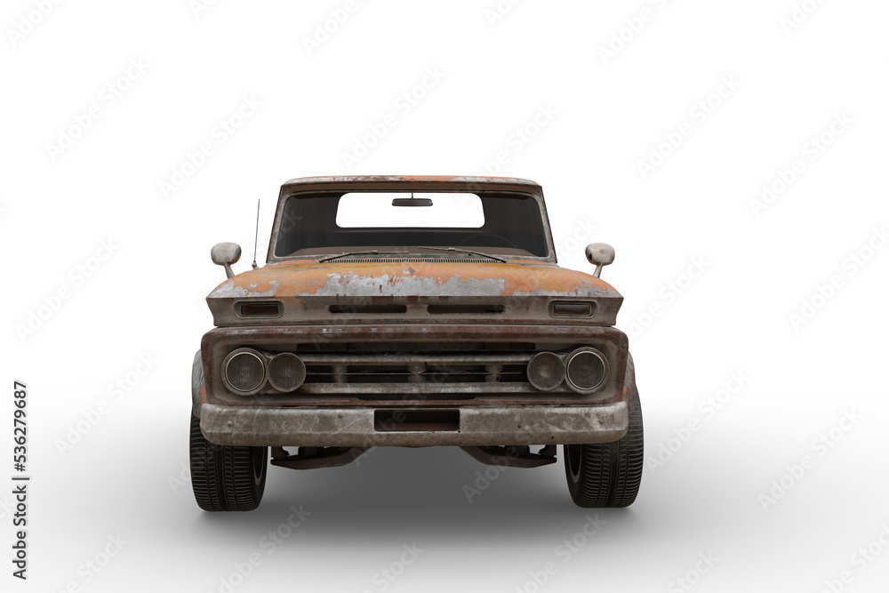 Front view of rusty retro style orange pickup truck. 3D illustration isolated. - obrazy, fototapety, plakaty 