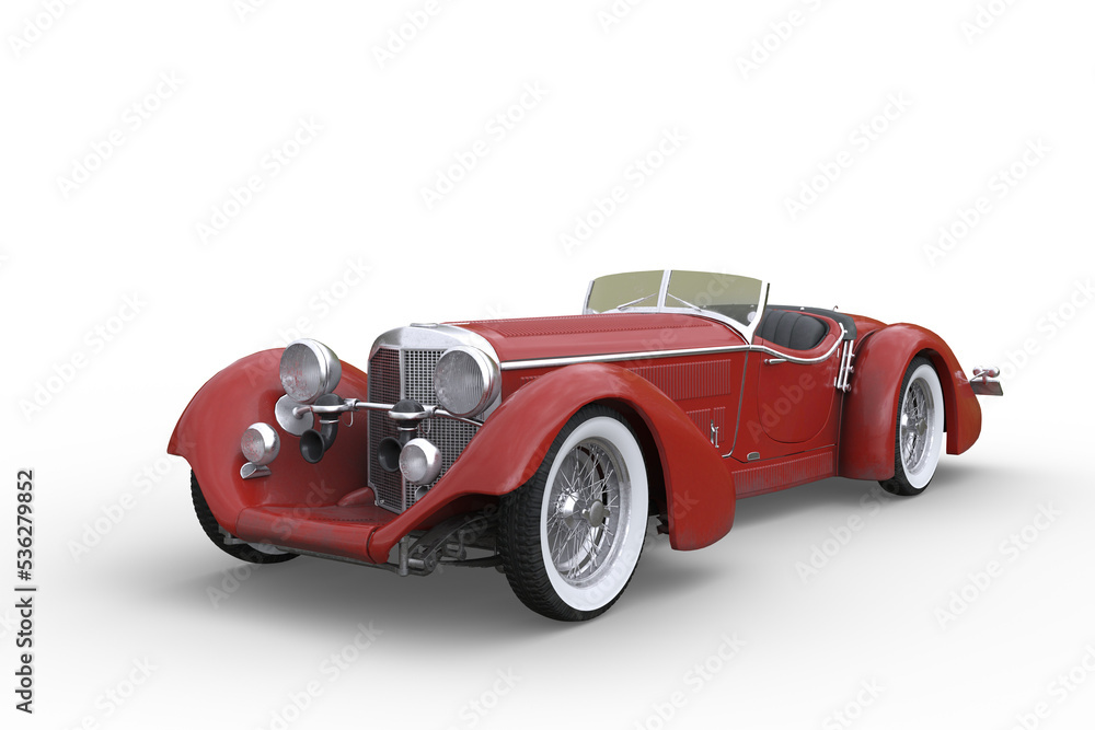 1920s vintage concept convertible roadster sports car with red paintwork and whitewall tyres. 3D rendering isolated on white.