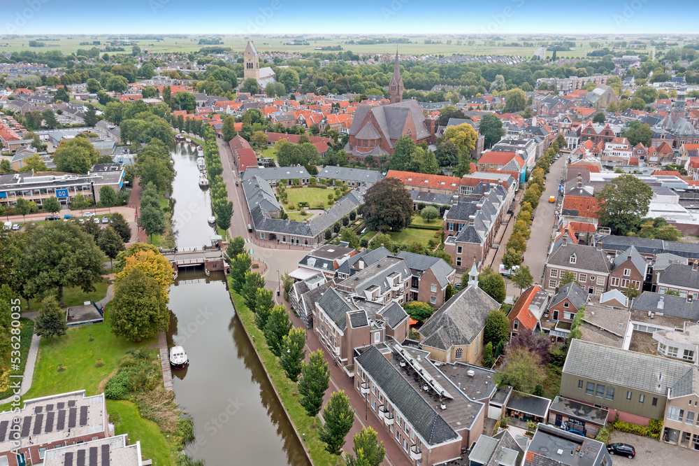 Aerial panorama from the city Bolsward in Friesland the Netherlands