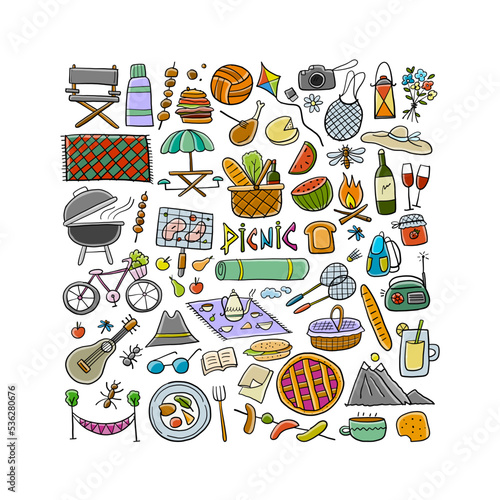 Picnic day. Outdoor relax design elements - Basket, drinks, food, game, sport. Vector illustration