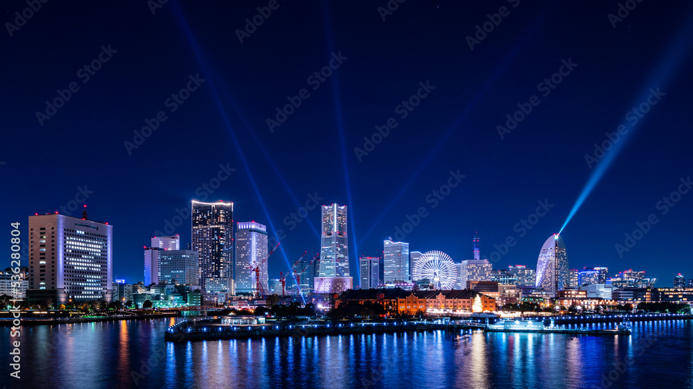 Yokohama Minato-Mirai area nightscape with laser show.