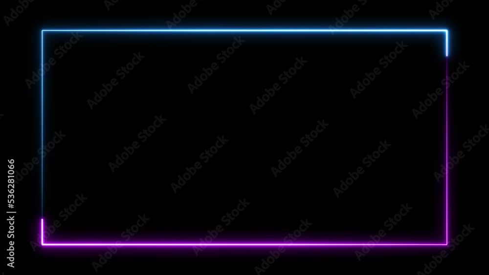 Computer generated color animation. 3D rendering neon frame of blue and pink colors on a black background. Blue and purple neon rectangle rotating across the screen Computer generated color animation. 3D rendering neon frame of blue and pink colors on a black background. Blue and purple neon rectangle rotating across the screen