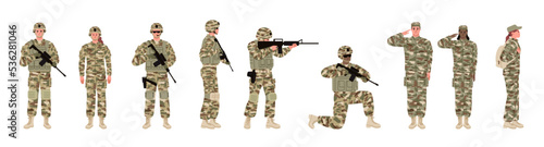 Set of men and women in military uniform. Army soldiers, officers. Collection of recruits. Character with weapon, infantry. Flat vector illustration.